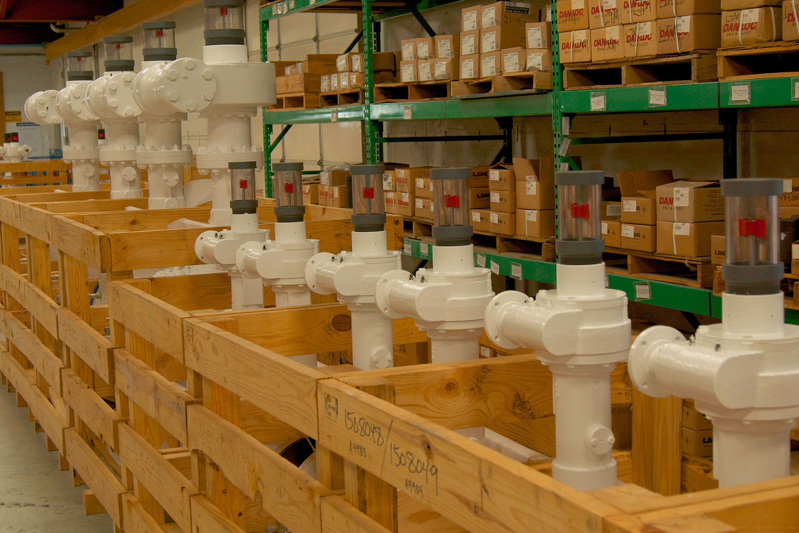 Omni Valve actuated valves ready for shipment in warehouse